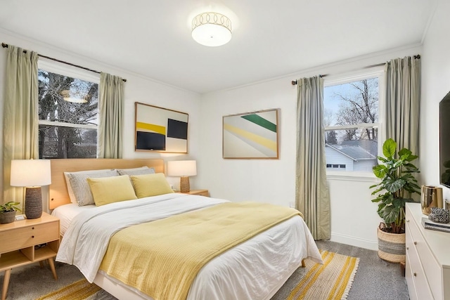 bedroom with carpet and ornamental molding