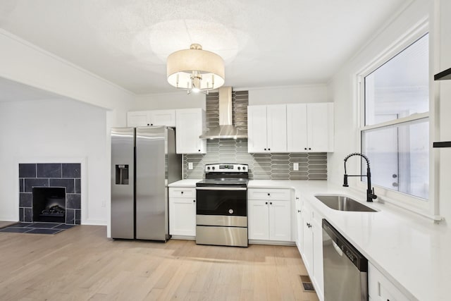 kitchen with white cabinets, sink, stainless steel appliances, and wall chimney range hood