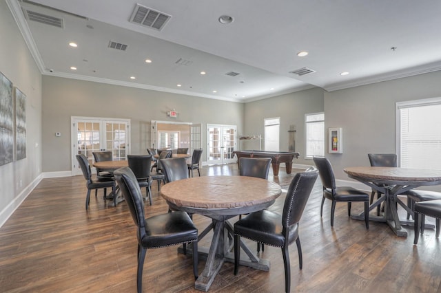 dining room featuring french doors, crown molding, dark wood-type flooring, and pool table