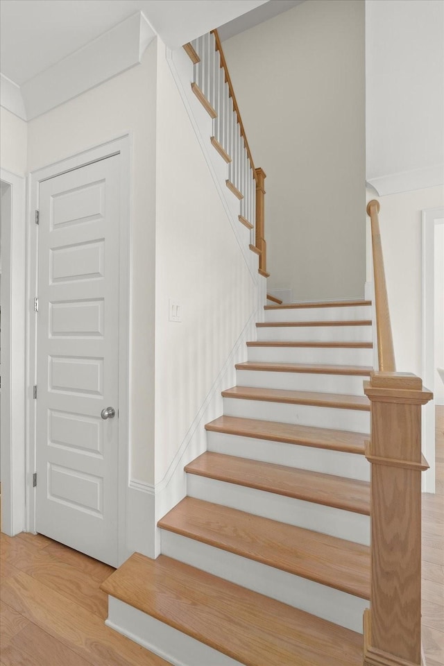 staircase with hardwood / wood-style floors