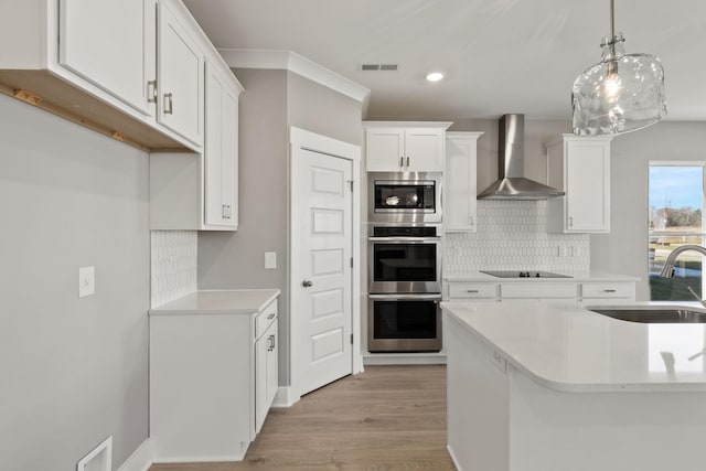 kitchen with pendant lighting, wall chimney range hood, sink, stainless steel appliances, and white cabinets