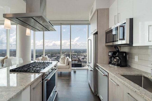 kitchen featuring high quality appliances, light stone counters, island range hood, decorative backsplash, and dark hardwood / wood-style flooring