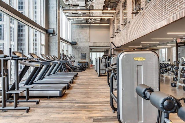 exercise room with light hardwood / wood-style floors and a towering ceiling