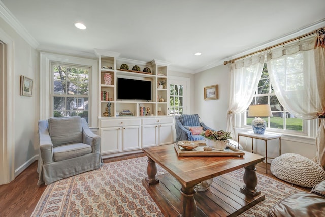 living room featuring crown molding, dark hardwood / wood-style flooring, and a healthy amount of sunlight