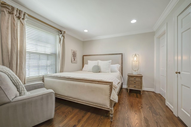 bedroom with multiple windows, crown molding, and dark hardwood / wood-style floors