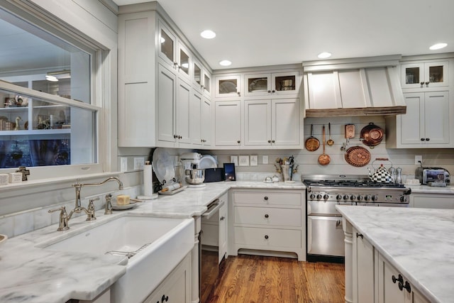 kitchen with hardwood / wood-style floors, premium range hood, sink, light stone counters, and stainless steel appliances