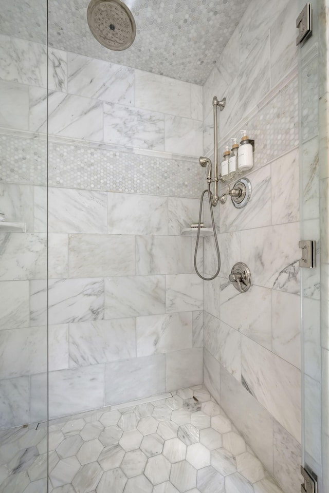 bathroom featuring a shower with shower door