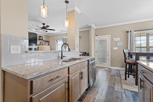 kitchen featuring dishwasher, sink, dark hardwood / wood-style floors, backsplash, and plenty of natural light