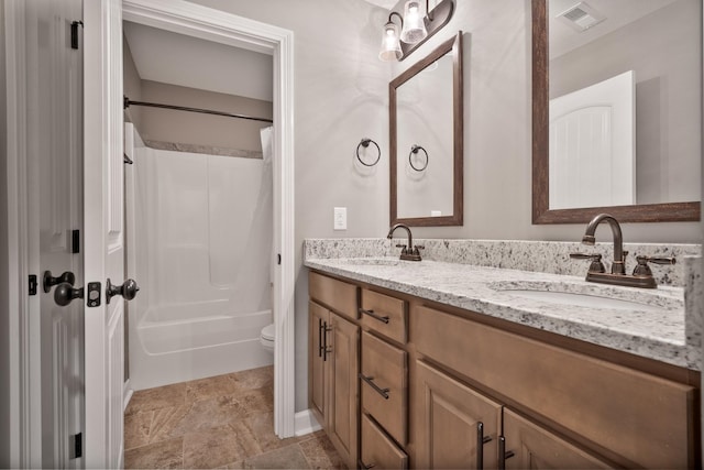 full bathroom featuring vanity, toilet, and shower / bathtub combination with curtain