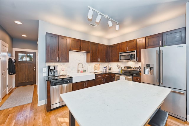 kitchen with backsplash, sink, light wood-type flooring, appliances with stainless steel finishes, and a kitchen island