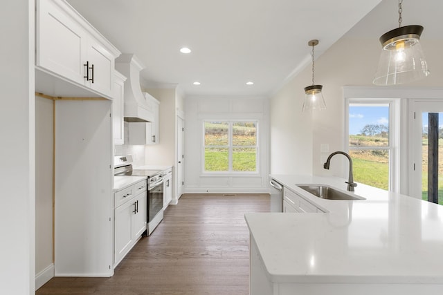 kitchen featuring stainless steel appliances, sink, pendant lighting, dark hardwood / wood-style floors, and white cabinetry