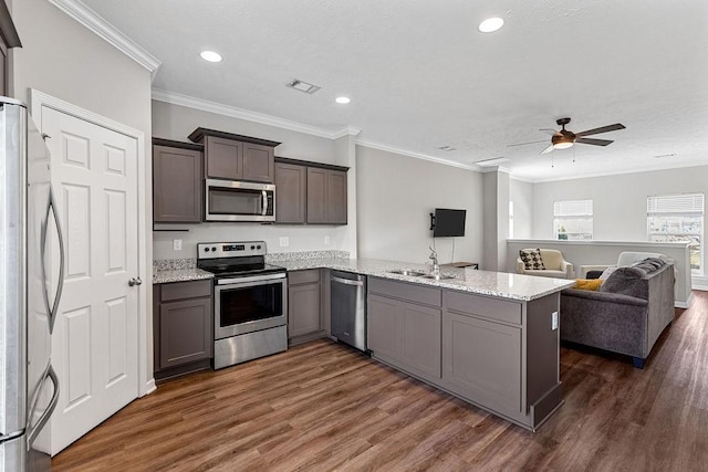 kitchen featuring appliances with stainless steel finishes, ceiling fan, crown molding, dark wood-type flooring, and sink