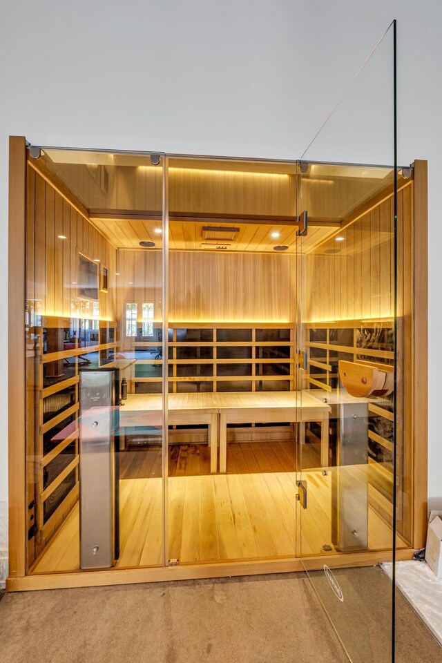 view of sauna with carpet floors