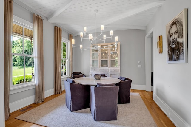 dining room featuring beam ceiling, wooden ceiling, light hardwood / wood-style flooring, and a notable chandelier