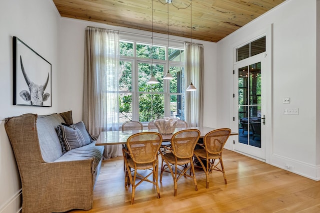 dining room featuring light hardwood / wood-style floors and wood ceiling