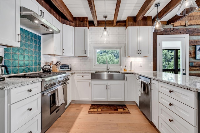 kitchen with beamed ceiling, decorative light fixtures, white cabinetry, and appliances with stainless steel finishes