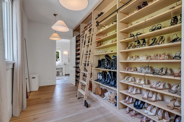 walk in closet with light wood-type flooring