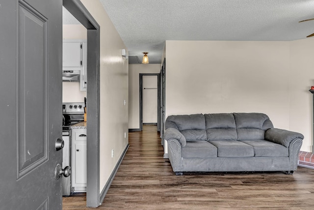 living room featuring dark wood-type flooring and a textured ceiling