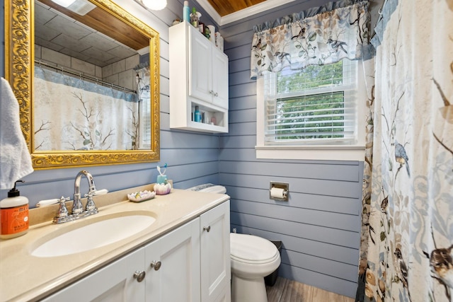 bathroom with vanity, toilet, and wood walls