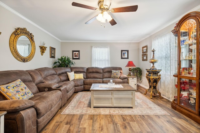 living room with ceiling fan, light hardwood / wood-style floors, and ornamental molding