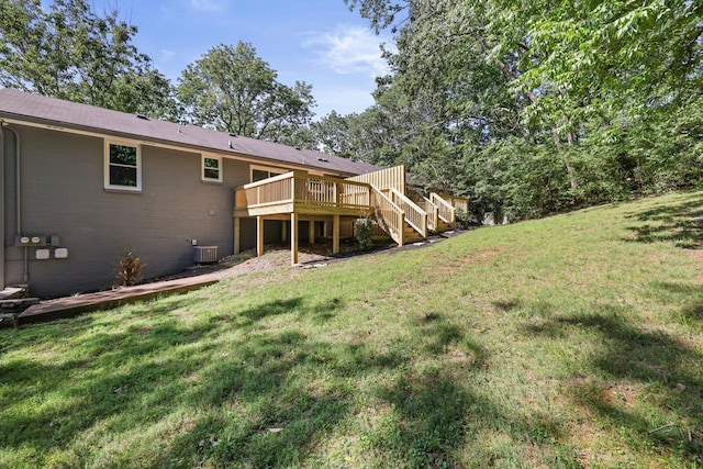 view of yard with a deck and central air condition unit