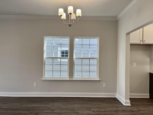 unfurnished dining area featuring a healthy amount of sunlight, crown molding, a chandelier, and dark hardwood / wood-style floors