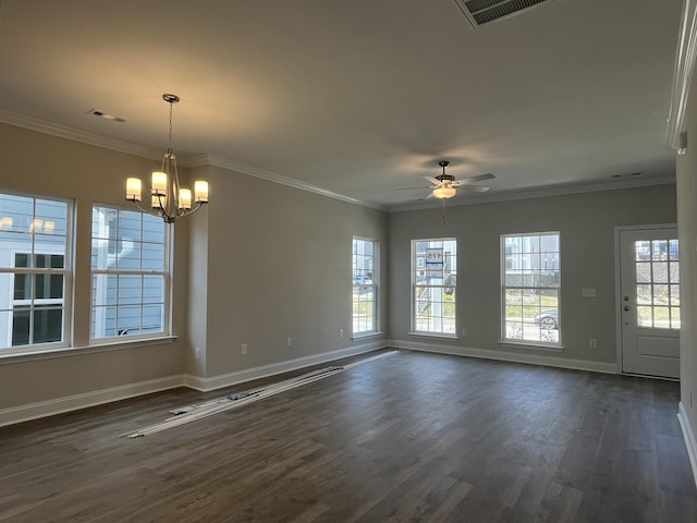 interior space featuring visible vents, dark wood-type flooring, and ornamental molding