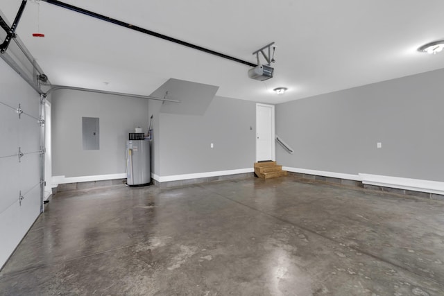 garage featuring electric panel, electric water heater, and a garage door opener