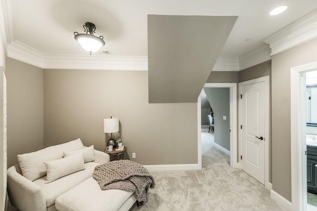 living area featuring light colored carpet and ornamental molding