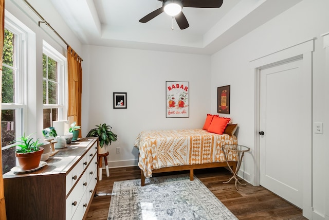 bedroom featuring a raised ceiling, ceiling fan, and dark hardwood / wood-style floors