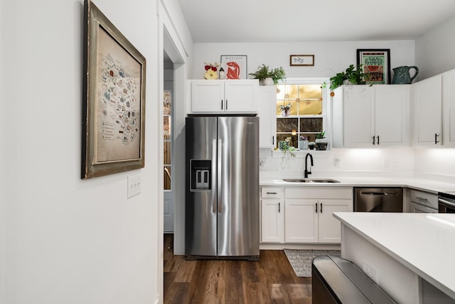 kitchen featuring white cabinetry, sink, dark hardwood / wood-style floors, and appliances with stainless steel finishes