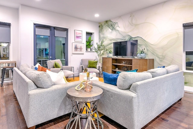 living room with dark wood-type flooring