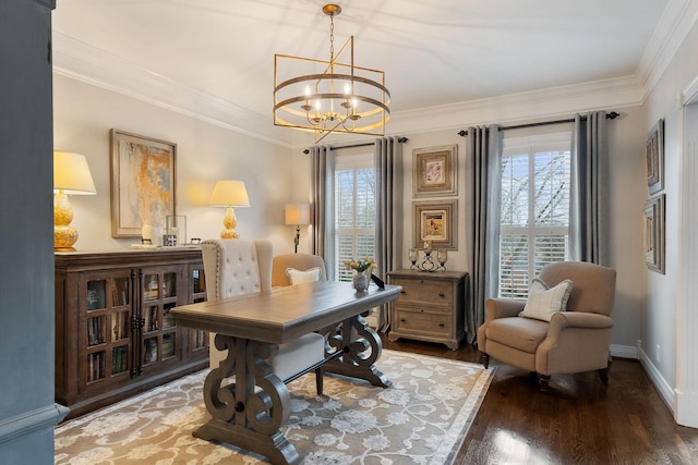 office area featuring a chandelier, crown molding, and dark wood-type flooring