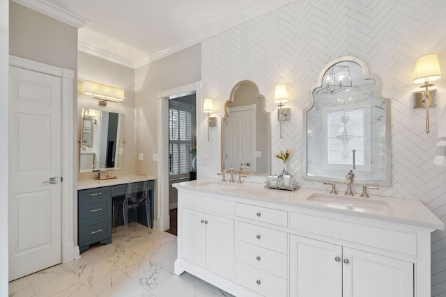 bathroom with vanity, tile walls, and ornamental molding