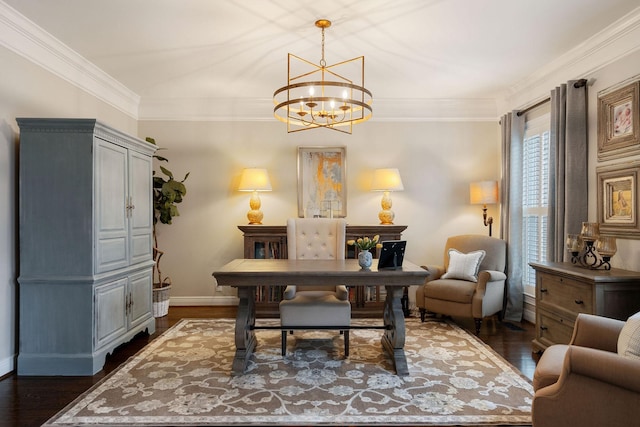 office with crown molding, a chandelier, and dark hardwood / wood-style floors