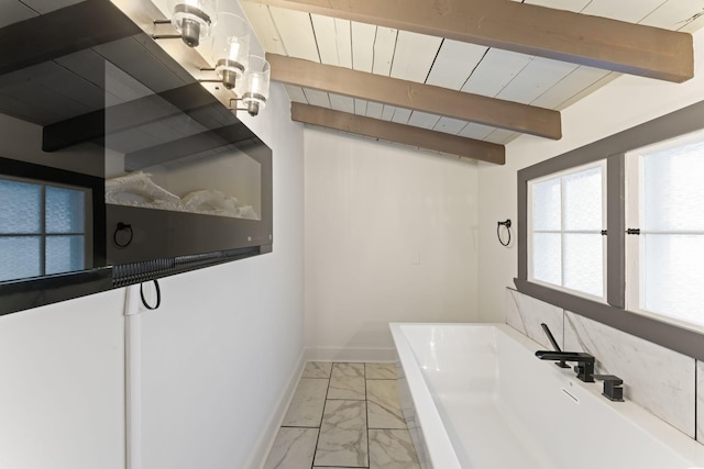 bathroom with beamed ceiling and wood ceiling