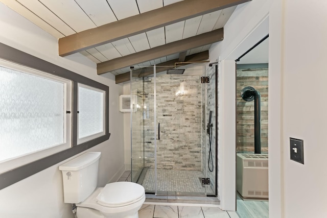 bathroom featuring beam ceiling, toilet, an enclosed shower, and wooden ceiling