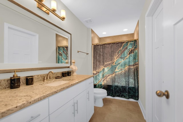 full bathroom featuring vanity, visible vents, recessed lighting, tile patterned floors, and toilet