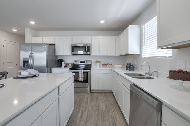 kitchen featuring appliances with stainless steel finishes, sink, white cabinets, and light hardwood / wood-style floors