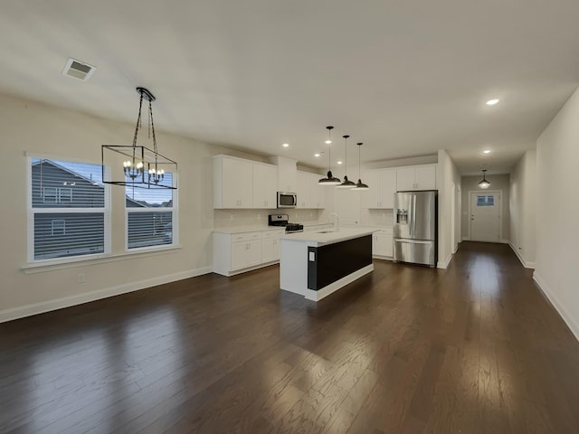 kitchen with pendant lighting, white cabinets, sink, an island with sink, and appliances with stainless steel finishes