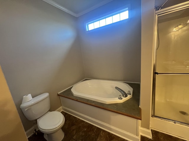 bathroom featuring separate shower and tub, toilet, and ornamental molding