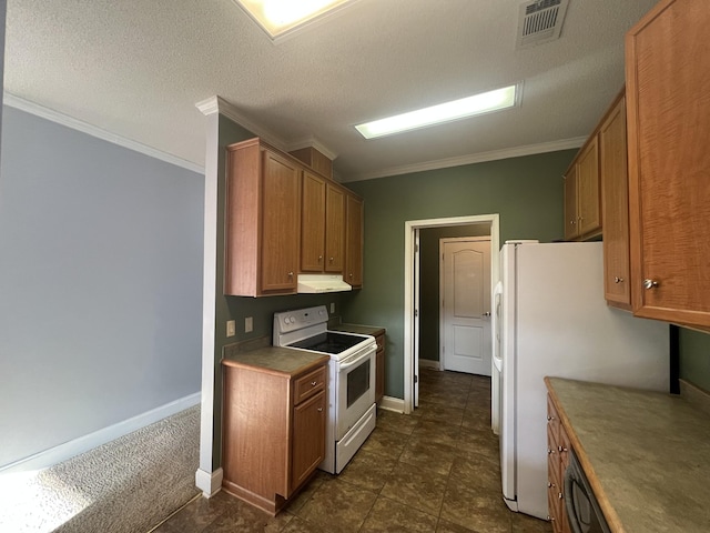 kitchen with a textured ceiling, white appliances, dark carpet, and crown molding