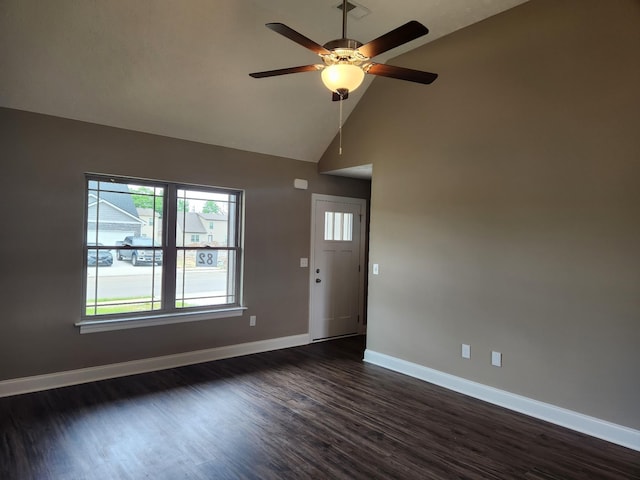 interior space featuring ceiling fan, dark hardwood / wood-style flooring, and high vaulted ceiling