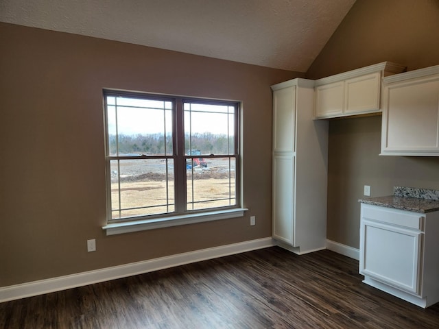 kitchen featuring white cabinets, dark hardwood / wood-style flooring, and light stone counters