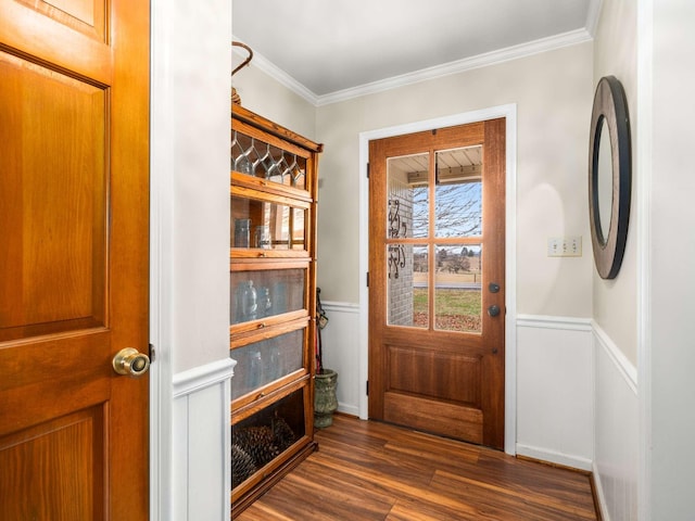 doorway featuring ornamental molding and dark wood-type flooring