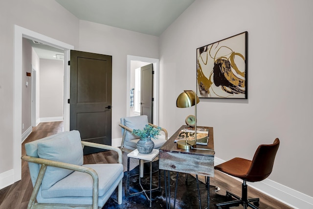 home office featuring dark hardwood / wood-style floors