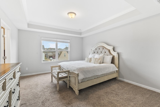 carpeted bedroom featuring a tray ceiling and ornamental molding