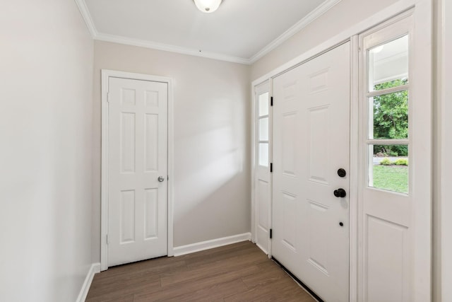 foyer featuring crown molding and dark wood-type flooring