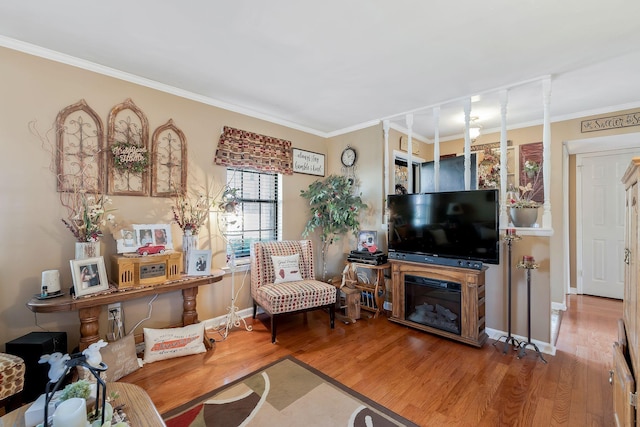 living room with wood-type flooring and ornamental molding