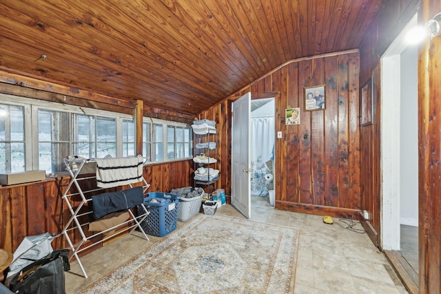 interior space with plenty of natural light, wood walls, wooden ceiling, and vaulted ceiling